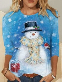 Women's T Shirt Tee Christmas Shirt Black Light Green Royal Blue Snowman Reindeer Print Long Sleeve Party Christmas Casual Vintage Print Christmas Round Neck Fall & Winter -Cheap Women Clothing Store aawikv1666771107387