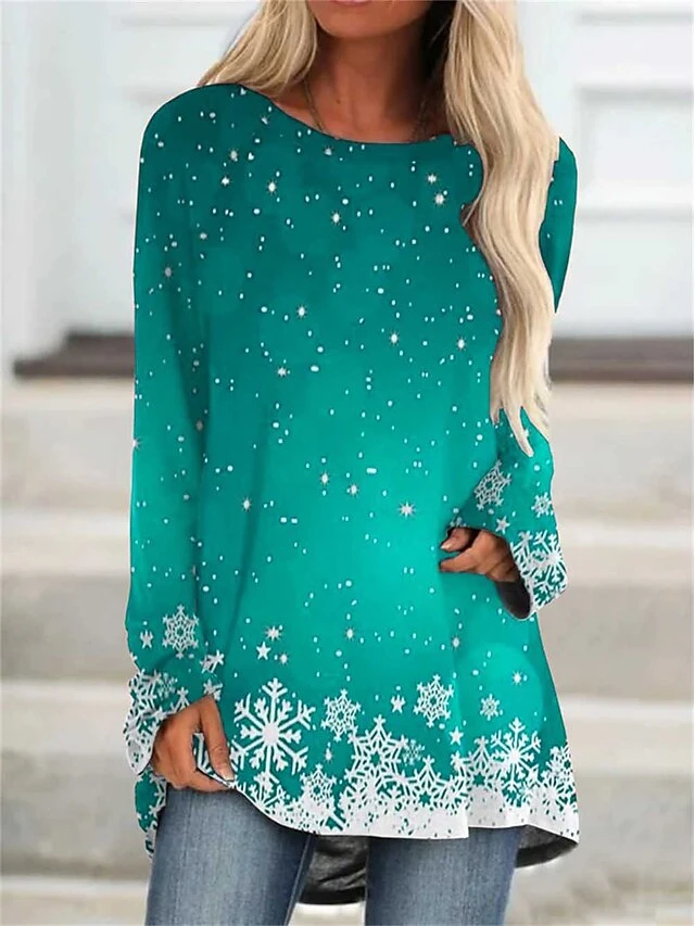 Women's T Shirt Tee Christmas Shirt Red Blue Purple Snowflake Print Long Sleeve Party Daily Weekend Daily Basic Print Round Neck Regular Fit Painting Fall & Winter 6 Women's T Shirt Tee Christmas Shirt Red Blue Purple Snowflake Print Long Sleeve Party Daily Weekend Daily Basic Print Round Neck Regular Fit Painting Fall & Winter - Image 4