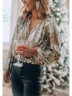 Women's Shirt Blouse Silver White Blue Sparkly Sequins Long Sleeve Party Christmas Fashion V Neck Regular Fit Lantern Sleeve Spring &Fall -Cheap Women Clothing Store aceept1697193535322