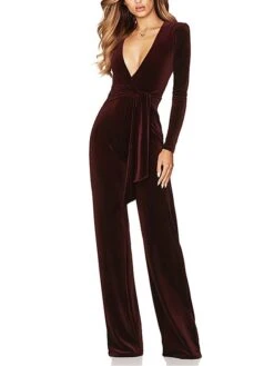 Women's Jumpsuit Velvet Lace Up High Waist Solid Color Deep V Dressy Xmas Wedding Party Christmas Business Office Work Regular Fit Long Sleeve Black Wine Red S M L Fall 35 Women's Jumpsuit Velvet Lace Up High Waist Solid Color Deep V Dressy Xmas Wedding Party Christmas Business Office Work Regular Fit Long Sleeve Black Wine Red S M L Fall -Cheap Women Clothing Store acnqrd1690352972907
