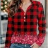 Women's T Shirt Tee Red Plaid Button Print Long Sleeve Christmas Weekend Festival / Holiday V Neck Regular Fit Painting Spring &Fall