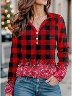 Women's T Shirt Tee Red Plaid Button Print Long Sleeve Christmas Weekend Festival / Holiday V Neck Regular Fit Painting Spring &Fall