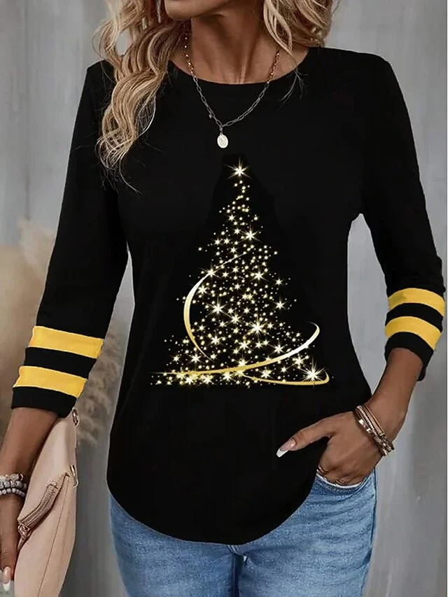 Women's T Shirt Tee Christmas Shirt Black Christmas Tree Print Long Sleeve Party Christmas Weekend Basic Print Christmas Round Neck Regular Fit Painting Spring &Fall 3 Women's T Shirt Tee Christmas Shirt Black Christmas Tree Print Long Sleeve Party Christmas Weekend Basic Print Christmas Round Neck Regular Fit Painting Spring &Fall