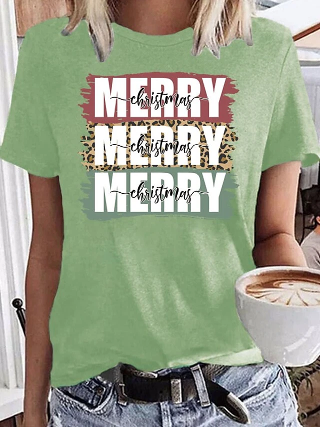 Women's T Shirt Tee Christmas Shirt 100% Cotton Black White Wine Graphic Letter Print Short Sleeve Christmas Daily Weekend Basic Christmas Round Neck Regular Fit Painting 5 Women's T Shirt Tee Christmas Shirt 100% Cotton Black White Wine Graphic Letter Print Short Sleeve Christmas Daily Weekend Basic Christmas Round Neck Regular Fit Painting - Image 3