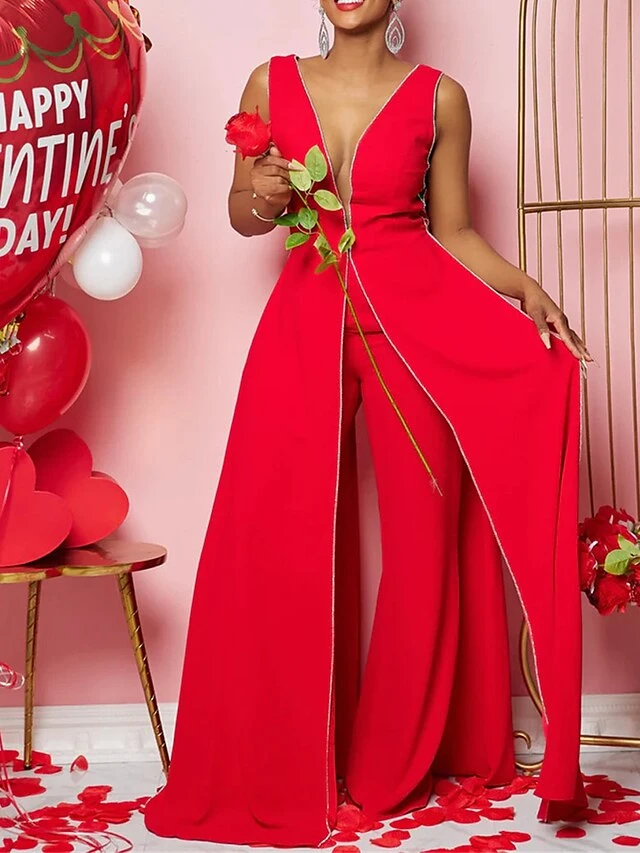Women's Jumpsuit Backless High Waist Solid Color V Neck Streetwear Xmas Wedding Party Christmas Regular Fit Sleeveless Black Red Blue S M L Summer 3 Women's Jumpsuit Backless High Waist Solid Color V Neck Streetwear Xmas Wedding Party Christmas Regular Fit Sleeveless Black Red Blue S M L Summer