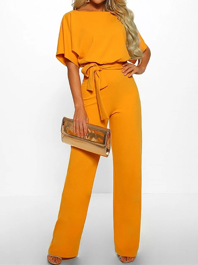 Women's Jumpsuit Lace Up High Waist Solid Color Crew Neck Xmas Business Office Work Christmas Regular Fit Half Sleeve Black Yellow Pink S M L Summer 9 Women's Jumpsuit Lace Up High Waist Solid Color Crew Neck Xmas Business Office Work Christmas Regular Fit Half Sleeve Black Yellow Pink S M L Summer - Image 7