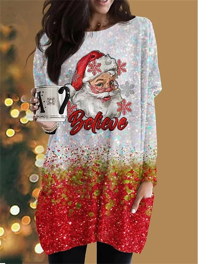 Women's T Shirt Tee Christmas Shirt Light Green Wine Red Santa Claus Snowflake Pocket Print Long Sleeve Party Christmas Casual Funny Christmas Round Neck Regular Fit Painting Spring &Fall 4 Women's T Shirt Tee Christmas Shirt Light Green Wine Red Santa Claus Snowflake Pocket Print Long Sleeve Party Christmas Casual Funny Christmas Round Neck Regular Fit Painting Spring &Fall - Image 2