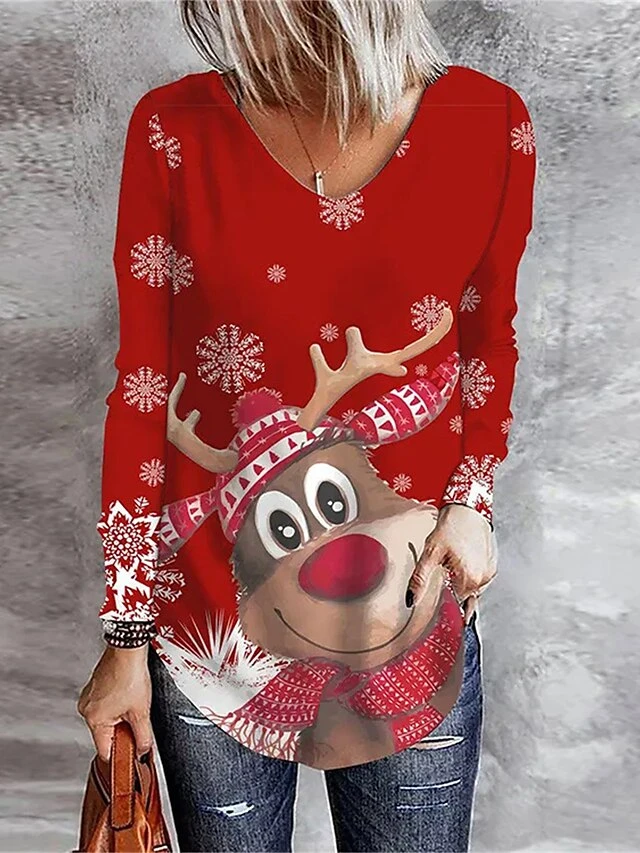 Women's T Shirt Tee Christmas Shirt Black White Wine Santa Claus Snowflake Reindeer Print Long Sleeve Christmas Weekend Festival / Holiday Funny Christmas V Neck Regular Fit Painting Spring &Fall 8 Women's T Shirt Tee Christmas Shirt Black White Wine Santa Claus Snowflake Reindeer Print Long Sleeve Christmas Weekend Festival / Holiday Funny Christmas V Neck Regular Fit Painting Spring &Fall - Image 6