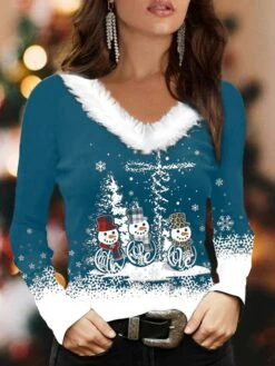 Women's Shirt Blouse Christmas Shirt Black Red Blue Snowman Christmas Tree Snowflake Print Long Sleeve Party Christmas Casual Festival / Holiday Print Fur Collar V Neck Regular Fit Fall & Winter -Cheap Women Clothing Store aipodf1695639942758