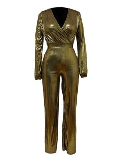 Women's Jumpsuit High Christmas Waist Solid Color V Neck Streetwear Party Xmas Street Regular Fit Long Sleeve Gold Green S M L Fall -Cheap Women Clothing Store aivhaw1695281843962