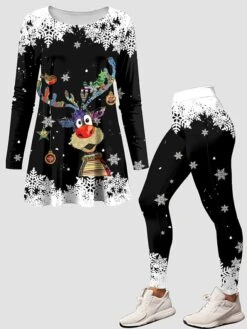 Women's Pants Sets Christmas Shirt Black Reindeer Print Long Sleeve Casual Festival Christmas Round Neck Regular Fit Spring &Fall