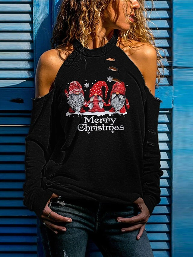 Women's T Shirt Tee Christmas Shirt Black Wine Peach Santa Claus Snowman Snowflake Patchwork Cut Out Cold Shoulder Long Sleeve Christmas Gift Christmas Round Neck Loose Fit Floral Cold Shoulder 9 Women's T Shirt Tee Christmas Shirt Black Wine Peach Santa Claus Snowman Snowflake Patchwork Cut Out Cold Shoulder Long Sleeve Christmas Gift Christmas Round Neck Loose Fit Floral Cold Shoulder - Image 7