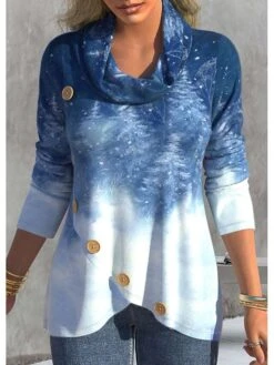 Women's Blouse Christmas Shirt Blue Christmas Tree Button Asymmetric Print Long Sleeve Christmas Casual Festival / Holiday Cowl Neck Regular Fit Spring &Fall