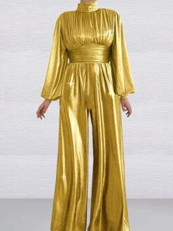 Women‘s Jumpsuit Sparkly Solid Color Stand Collar Elegant Christmas Wedding Party Xmas Wide Leg Regular Fit Long Sleeve Pink Gold S M L All Seasons