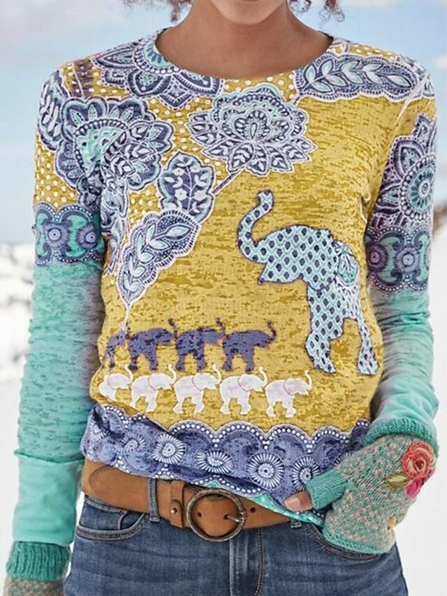 Women's T Shirt Tee Christmas Shirt Yellow Red Green Animal Print Long Sleeve Daily Weekend Basic Christmas Round Neck Regular Fit Spring &Fall 4 Women's T Shirt Tee Christmas Shirt Yellow Red Green Animal Print Long Sleeve Daily Weekend Basic Christmas Round Neck Regular Fit Spring &Fall - Image 2