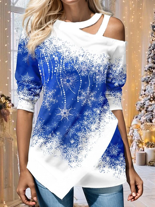 Women's Shirt Blouse Pink Red Blue Snowflake Cut Out Asymmetric Print Long Sleeve Christmas Casual Festival / Holiday V Neck Regular Fit Spring &Fall 4 Women's Shirt Blouse Pink Red Blue Snowflake Cut Out Asymmetric Print Long Sleeve Christmas Casual Festival / Holiday V Neck Regular Fit Spring &Fall - Image 2