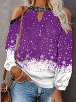 Women's Shirt Christmas Shirt Grass Green Black Pink Snowflake Cut Out Print Long Sleeve Christmas Weekend Streetwear Casual Print Round Neck Regular Fit Cold Shoulder -Cheap Women Clothing Store apwefy1667526257022
