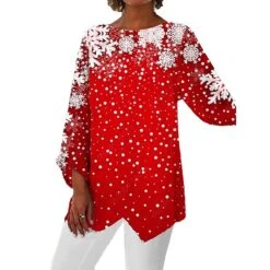 Women's Shirt Blouse Christmas Shirt Wine Red Blue Plaid Snowflake Deer Asymmetric Print Long Sleeve Christmas Weekend Streetwear Casual Round Neck Regular Fit -Cheap Women Clothing Store aqsznp1663301091389