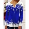 Women's Shirt Christmas Shirt Black Wine Red Color Block Snowflake Button Print Long Sleeve Christmas Weekend Streetwear Casual Round Neck Regular Fit Spring Fall -Cheap Women Clothing Store aruref1665561930873