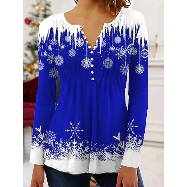 Women's Shirt Christmas Shirt Black Wine Red Color Block Snowflake Button Print Long Sleeve Christmas Weekend Streetwear Casual Round Neck Regular Fit Spring Fall 3 Women's Shirt Christmas Shirt Black Wine Red Color Block Snowflake Button Print Long Sleeve Christmas Weekend Streetwear Casual Round Neck Regular Fit Spring Fall