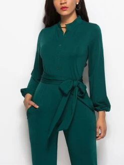 Women's Jumpsuit Lace Up Pocket Solid Color Stand Collar Streetwear Xmas Street Christmas Daily Regular Fit Long Sleeve Black Wine Red S M L Fall -Cheap Women Clothing Store asicsy1692616047908