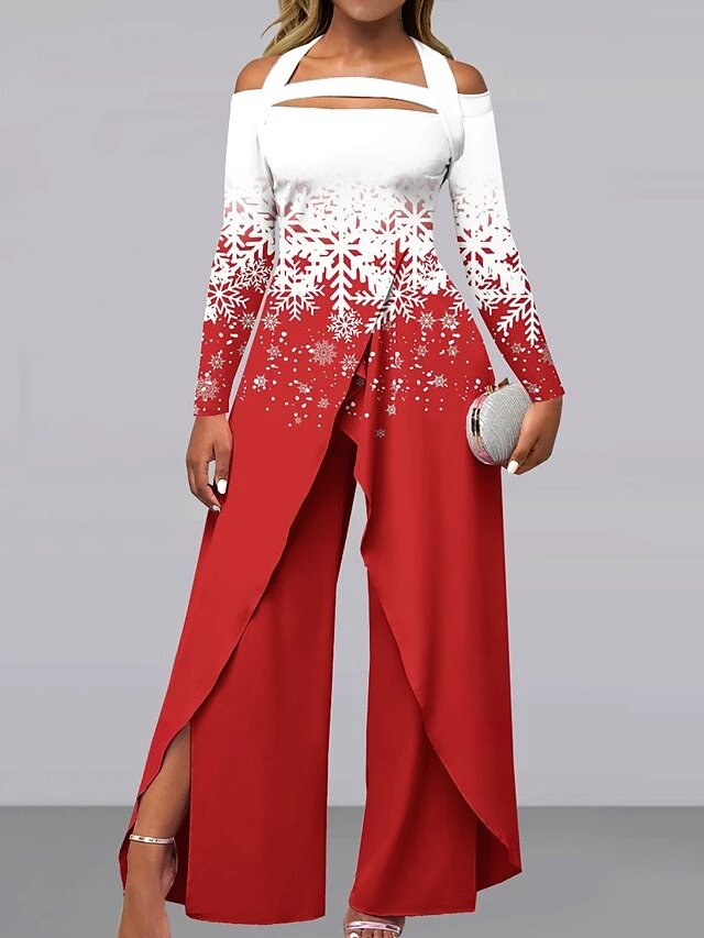 Women's Jumpsuit Print Gradient Off Shoulder Active Christmas Holiday Wide Leg Regular Fit Long Sleeve Black White Red S M L All Seasons 4 Women's Jumpsuit Print Gradient Off Shoulder Active Christmas Holiday Wide Leg Regular Fit Long Sleeve Black White Red S M L All Seasons - Image 2