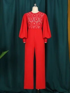 Women's Jumpsuit Flower Lace Solid Color Crew Neck Formal Birthday Party Christmas Evening Straight Regular Fit Long Sleeve Bishop Sleeve Red S M L Fall Cold Weather -Cheap Women Clothing Store atzcix1644990707473