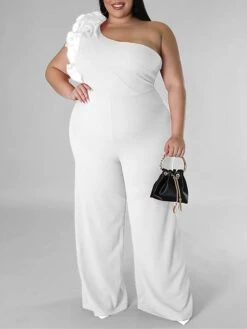 Women's Jumpsuit Mesh Backless Solid Color One Shoulder Streetwear Street Xmas Daily Christmas Loose Fit Sleeveless Black White Red L XL XXL Summer -Cheap Women Clothing Store axeidz1680071159672