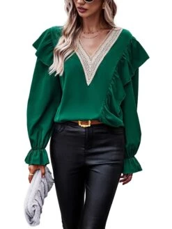 Women's Christmas Shirt Black Pink Red USA Ruffle Long Sleeve Party Work Gothic Standing Collar Form Fit Floral Lantern Sleeve Spring & Summer -Cheap Women Clothing Store aznqre1697624607055