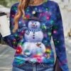 Women's T Shirt Tee Christmas Shirt Blue Snowman Print Long Sleeve Christmas Weekend Festival / Holiday Round Neck Regular Fit Painting Spring &Fall 2 Women's T Shirt Tee Christmas Shirt Blue Snowman Print Long Sleeve Christmas Weekend Festival / Holiday Round Neck Regular Fit Painting Spring &Fall -Cheap Women Clothing Store batrdc1695639238358