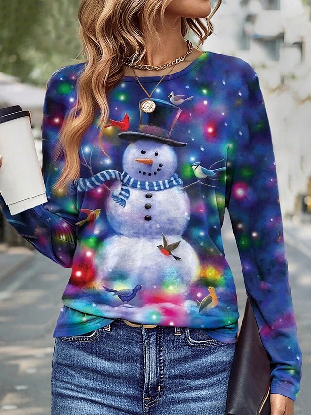 Women's T Shirt Tee Christmas Shirt Blue Snowman Print Long Sleeve Christmas Weekend Festival / Holiday Round Neck Regular Fit Painting Spring &Fall 3 Women's T Shirt Tee Christmas Shirt Blue Snowman Print Long Sleeve Christmas Weekend Festival / Holiday Round Neck Regular Fit Painting Spring &Fall