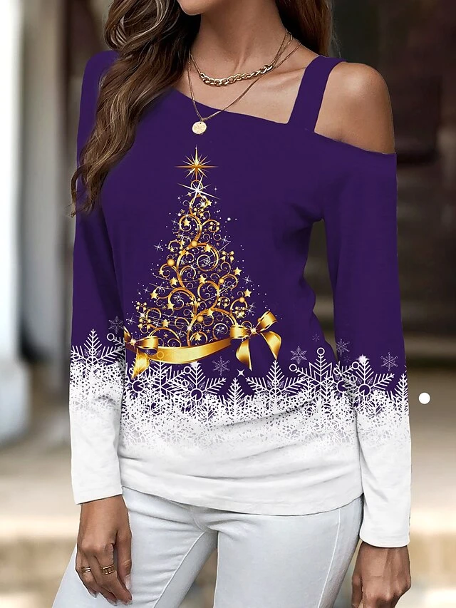 Women's T Shirt Tee Christmas Shirt Black Pink Red Christmas Tree Snowflake Print Long Sleeve Party Christmas Weekend Festival / Holiday Diagonal Neck Regular Fit Painting Spring &Fall 8 Women's T Shirt Tee Christmas Shirt Black Pink Red Christmas Tree Snowflake Print Long Sleeve Party Christmas Weekend Festival / Holiday Diagonal Neck Regular Fit Painting Spring &Fall - Image 6