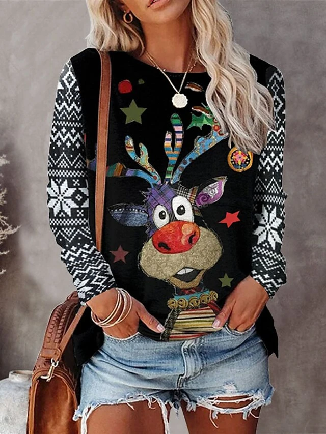 Women's T Shirt Tee Burgundy Tee Christmas Shirt Black White Wine Snowman Snowflake Reindeer Print Long Sleeve Christmas Weekend Basic Christmas Round Neck Regular Fit Painting Fall & Winter 4 Women's T Shirt Tee Burgundy Tee Christmas Shirt Black White Wine Snowman Snowflake Reindeer Print Long Sleeve Christmas Weekend Basic Christmas Round Neck Regular Fit Painting Fall & Winter - Image 2