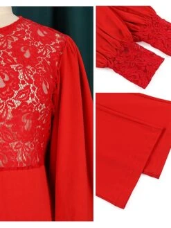Women's Jumpsuit Flower Lace Solid Color Crew Neck Formal Birthday Party Christmas Evening Straight Regular Fit Long Sleeve Bishop Sleeve Red S M L Fall Cold Weather -Cheap Women Clothing Store bcdxuk1644990728004