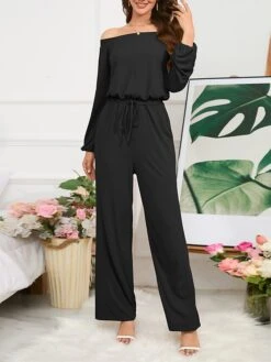 Women's Jumpsuit Pocket Drawstring Solid Color Off Shoulder Christmas Business Office Work Xmas Regular Fit Long Sleeve Black Red Blue S M L Fall -Cheap Women Clothing Store bcfovt1694415723078