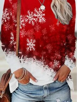 Women's T Shirt Tee Christmas Shirt Wine Red Blue Christmas Tree Snowflake Print Long Sleeve Christmas Weekend Basic Christmas Round Neck Regular Fit Painting -Cheap Women Clothing Store bchtjc1665657310494