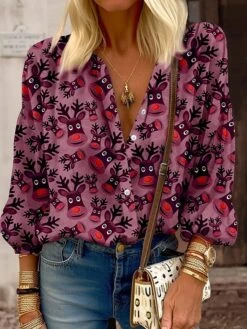 Women's Blouse Christmas Shirt Pink Blue Green Deer Button Print Long Sleeve Christmas Casual Festival / Holiday Standing Collar Regular Fit Spring &Fall 9 Women's Blouse Christmas Shirt Pink Blue Green Deer Button Print Long Sleeve Christmas Casual Festival / Holiday Standing Collar Regular Fit Spring &Fall -Cheap Women Clothing Store bdqgbz1697016011618