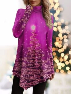 Women's T Shirt Tee Christmas Shirt Red Blue Purple Christmas Tree Sparkly Asymmetrical Print Long Sleeve Party Christmas Weekend Festival / Holiday High Neck Regular Fit Painting Spring &Fall 9 Women's T Shirt Tee Christmas Shirt Red Blue Purple Christmas Tree Sparkly Asymmetrical Print Long Sleeve Party Christmas Weekend Festival / Holiday High Neck Regular Fit Painting Spring &Fall -Cheap Women Clothing Store bflnhg1697506731487