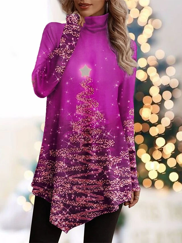 Women's T Shirt Tee Christmas Shirt Red Blue Purple Christmas Tree Sparkly Asymmetrical Print Long Sleeve Party Christmas Weekend Festival / Holiday High Neck Regular Fit Painting Spring &Fall 6 Women's T Shirt Tee Christmas Shirt Red Blue Purple Christmas Tree Sparkly Asymmetrical Print Long Sleeve Party Christmas Weekend Festival / Holiday High Neck Regular Fit Painting Spring &Fall - Image 4