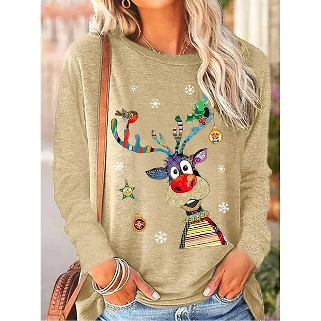 Women's T Shirt Tee Christmas Shirt Malachite Green Black Blue Reindeer Print Long Sleeve Christmas Weekend Basic Christmas Round Neck Regular Fit Painting 4 Women's T Shirt Tee Christmas Shirt Malachite Green Black Blue Reindeer Print Long Sleeve Christmas Weekend Basic Christmas Round Neck Regular Fit Painting - Image 2
