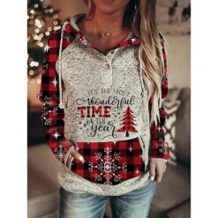 Women's Christmas Shirt Red Plaid Christmas Tree Snowflake Button Front Pocket Long Sleeve Christmas Casual Basic Christmas Hoodie Regular Fit