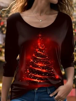 Women's T Shirt Tee Christmas Shirt Black Red Blue Christmas Tree Print Long Sleeve Christmas Weekend Festival / Holiday Round Neck Regular Fit Painting Spring &Fall
