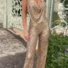 Jumpsuits For Special Occasions Christmas Maillard High Waist Sequin Solid Color Deep V Streetwear Party Prom Regular Fit Sleeveless Silver Black Wine S M Summer -Cheap Women Clothing Store binqks1682321778144