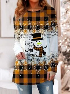 Women's T Shirt Tee Christmas Shirt Yellow Red Blue Plaid Snowman Snowflake Print Long Sleeve Christmas Weekend Festival / Holiday Round Neck Regular Fit Painting Spring &Fall -Cheap Women Clothing Store bjmhyy1695726936265