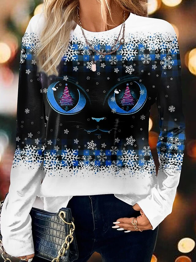 Women's T Shirt Tee Christmas Shirt Blue Purple Orange Plaid Christmas Tree Snowflake Print Long Sleeve Christmas Weekend Festival / Holiday Round Neck Regular Fit Painting Spring &Fall 4 Women's T Shirt Tee Christmas Shirt Blue Purple Orange Plaid Christmas Tree Snowflake Print Long Sleeve Christmas Weekend Festival / Holiday Round Neck Regular Fit Painting Spring &Fall - Image 2