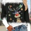 Women's T Shirt Tee Christmas Shirt Black Red Blue Reindeer Print Long Sleeve Christmas Weekend Festival / Holiday Christmas Round Neck Regular Fit Painting Spring &Fall -Cheap Women Clothing Store bjtbmw1694512275167