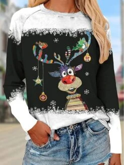Women's T Shirt Tee Christmas Shirt Black Red Blue Reindeer Print Long Sleeve Christmas Weekend Festival / Holiday Christmas Round Neck Regular Fit Painting Spring &Fall