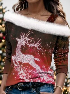 Women's Blouse Christmas Shirt Pink Red Blue Deer Print Long Sleeve Party Christmas Casual Festival / Holiday Fur Collar Regular Fit Spring &Fall -Cheap Women Clothing Store bkgxmk1696749087819