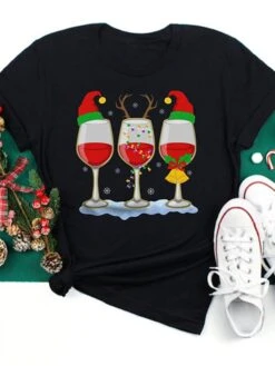 Women's T Shirt Tee Christmas Shirt Black Yellow Red Christmas Tree Reindeer Print Short Sleeve Christmas Gift Casual Basic Christmas Round Neck Regular Fit Painting -Cheap Women Clothing Store bklnww1635761822978