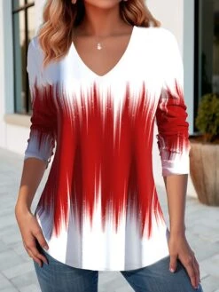 Women's T Shirt Tee Christmas Shirt Red Color Block Print Long Sleeve Daily Weekend Basic Christmas V Neck Regular Fit Painting Spring &Fall